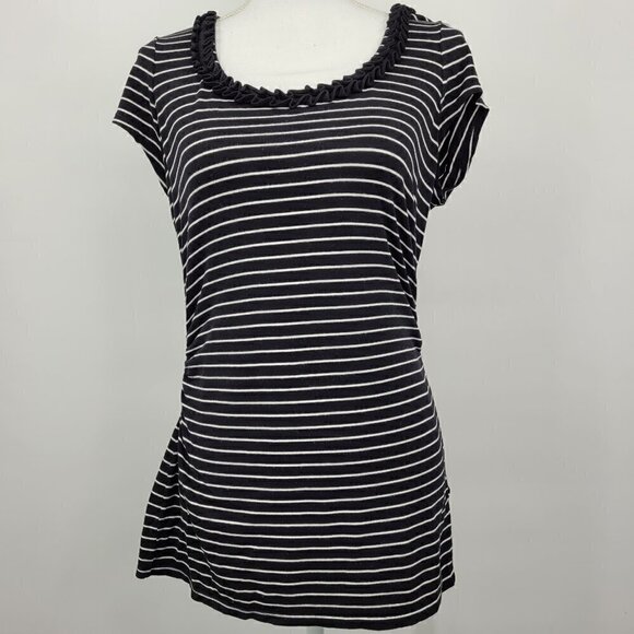 White House Black Market Tops - WHBM Ruffle Neckline Black & White Striped Tee